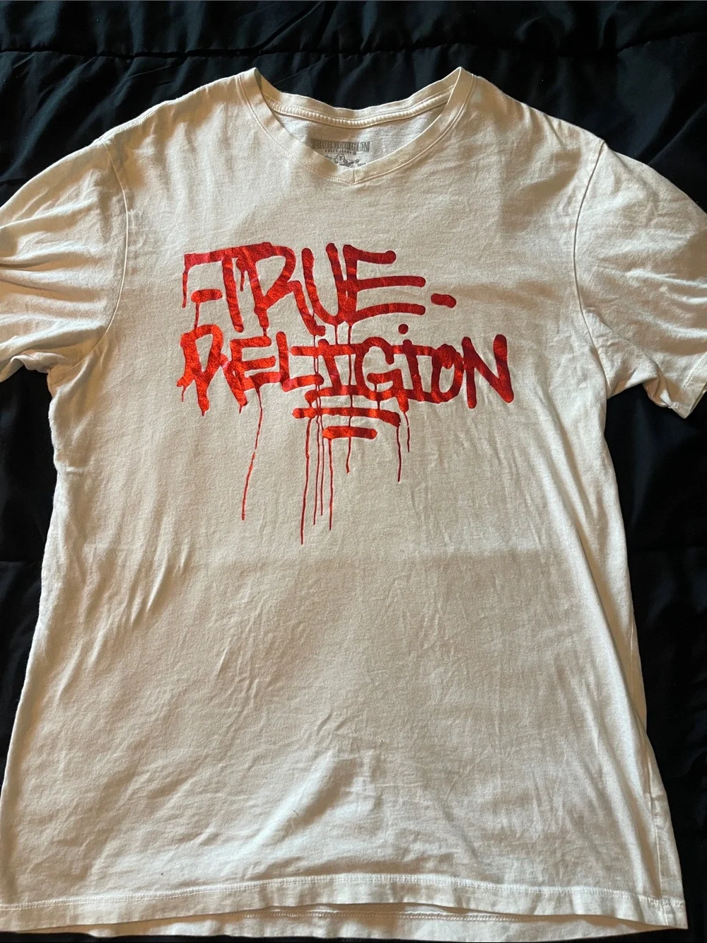 True Religion White T-Shirt with Red Drip Logo